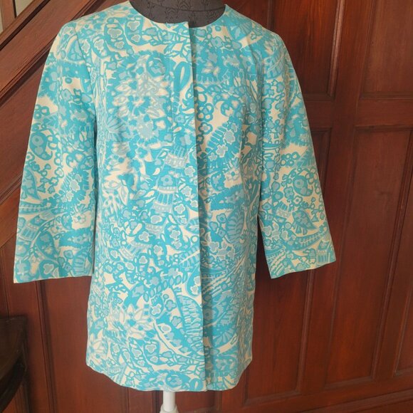Talbots Womens Floral Pattern Jacket Mid-Length Button Closure Blue & White Size - Picture 1 of 9